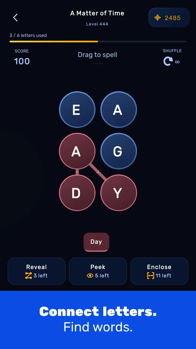 A six-letter grid with DAY connected and three unused letters remaining.