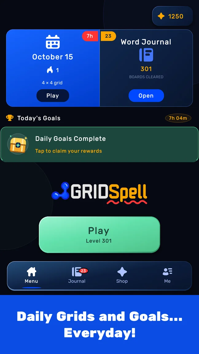 GridSpell home screen showing the daily four-by-four puzzle and completed daily goals.